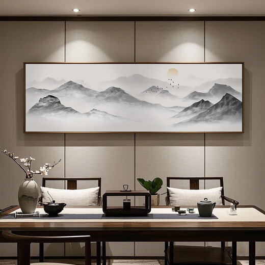 Zilang living room decorative painting sofa background wall ink Zen landscape painting wall hanging painting tea room office calligraphy and painting mural 04-with backing 50*150CM wood grain yellow frame + canvas SF Express