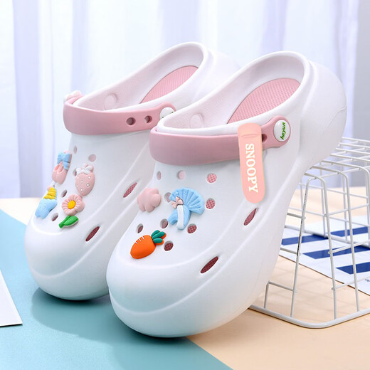 SNOOPY Snoopy Girls' Croc Shoes Children's Thick-soled Outerwear Garden Shoes Baotou Beach Sandals 4972 White Powder 37