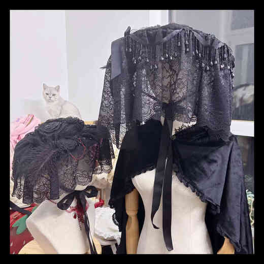 CLCEY homemade Lolita element pure black flat hat widow hat gothic style dark hat half-covered medium size