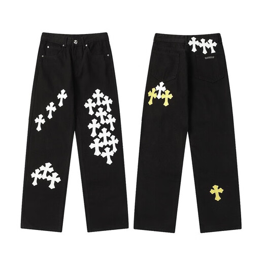Crowxin offizieller 2025 Trendy Brand Cross Stickerei High Street Amerikanische vielseitige Männer und Frauen lose Jeanshosen gerade Hosen 9928 Black 9928 Black S