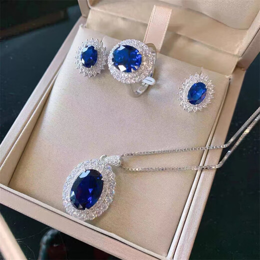 Pure sapphire set, ring, earrings, three-piece set, tanzanite, European and American temperament, light luxury women's pendant, versatile necklace
