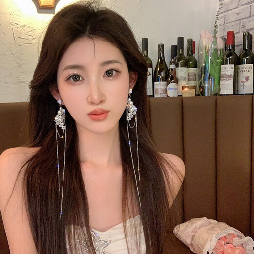 Mengke Decorated Extra Long Exaggerated Pearl Grand Tassel Earrings for Women 2025 New Trendy Light Luxury Niche Heavy Industry Earrings Gift Silver Needle Extra Long Pearl Crystal Tassel