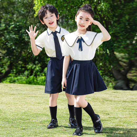 毽子飞飞幼儿园园服夏季英伦风短袖套装毕业表演服夏装小学生校服班服定制 6630-1款 女生夏款套装 160 建议身高145-155厘米左右