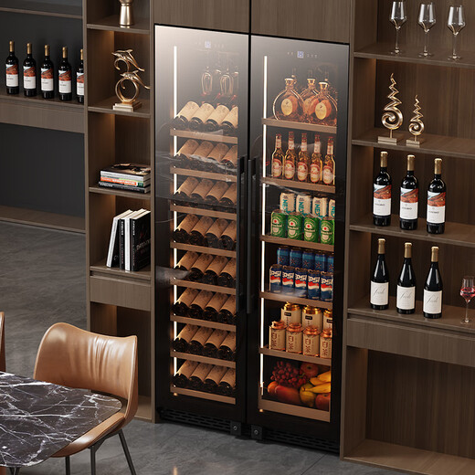 BAIKAILUN double-door thermostatic wine cabinet with double-door brown glass seamlessly embedded in large-capacity air-cooled frost-free office home tea beverage liquor wine fruit preservation refrigerator 1.8 meters | brown glass dual temperature zone | red wine + tea style 105 bottles thin section