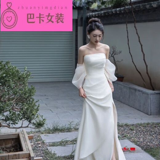 NJTD new Chinese dressing gown bride wedding toast wear engagement dress high-end light luxury niche French tube top dress for women white dress one size xl