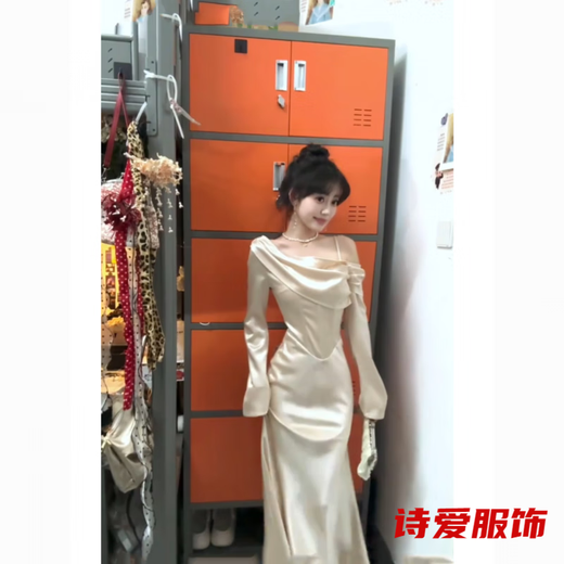 Stunning elegant ladylike ladylike chic banquet dress one-shoulder swing collar dress women's slim fishtail skirt dress S