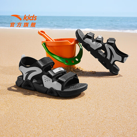 ANTA Children's Sandals 2025 Summer New Men's and Women's Shoes Breathable Beach Shoes Open-Toe Velcro Sandals Men's Black/Silver-8 33 (20.5cm)