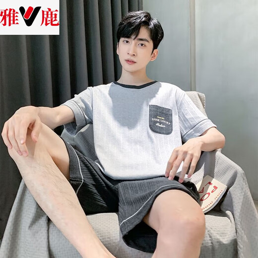 雅鹿男士睡衣夏季短袖短裤棉质青少年简约男夏背心大码中年家居服套装 9928 男士L码(适合95-120斤) 均码