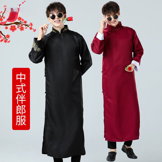 Zhiqiang groomsmen suit Chinese style wedding dress Chinese style brother group costume wedding cross talk suit coat mandarin jacket student performance wine red embroidery style glasses and roses good quality XL 175- 92A 140-150Jin Jin equals 0.5 kg