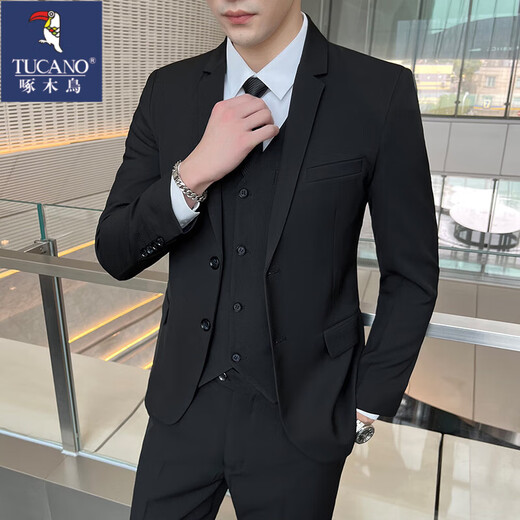 Woodpecker Casual Suit Suit Men's Slim Business Professional Formal Korean Style Groomsmen's Dress Groom's Host Suit Jacket Black Two-Button Suit + Pants + Shirt + Tie XL