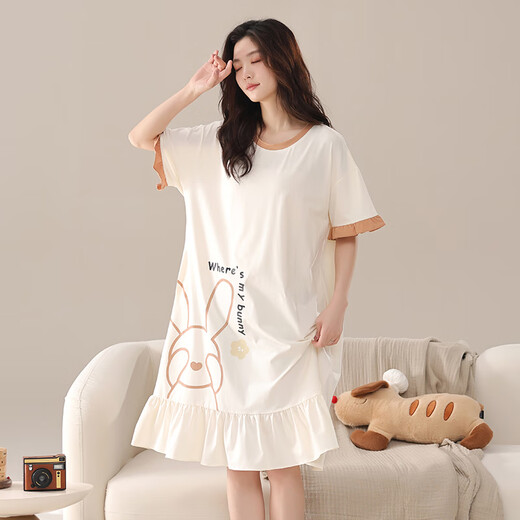 LangSha couple pajamas for women summer pure cotton short-sleeved cute cartoon sweet nightgown 100% cotton men's home wear set 88832 XL women + 3XL men