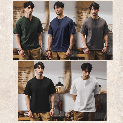 Jay Leno American 320g heavyweight t-shirt men's short-sleeved polo shirt men's 2025 new loose tough guy Henry shirt t-shirt for men military green 3XL suitable for 180-200Jin Jin equals 0.5 kg