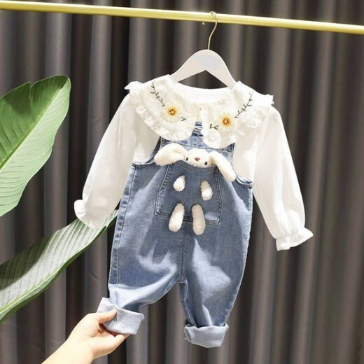 Liu Chaobu girls' suit new internet celebrity baby girl trousers little girl's shirt two-piece set Little Bear single piece blue overalls 120 cm