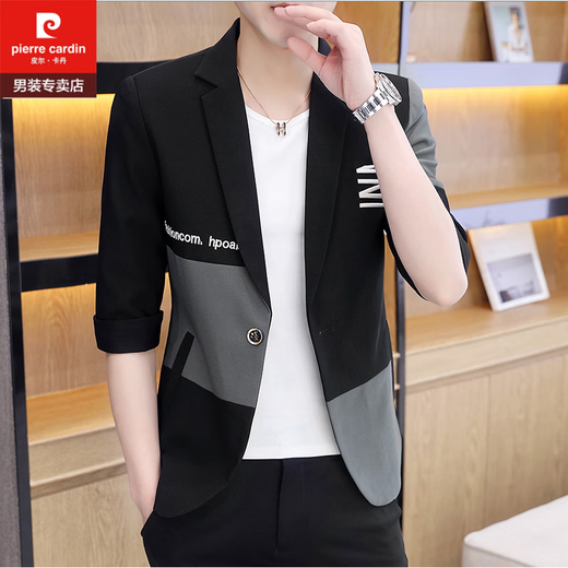 Pierre Cardin (Pierre Cardin) fashionable new three-quarter sleeve jacket men's slim new medium-sleeved small suit Korean style handsome color matching top trendy short-sleeved gray. XL (suitable for 120-135Jin Jin equals 0.5 kg