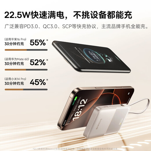 Baseus national 3C safety certification power bank with built-in cable for fast charging 10000 mAh 22.5W, compact and suitable for use on airplanes, suitable for Apple, Huawei, Android and Xiaomi phones
