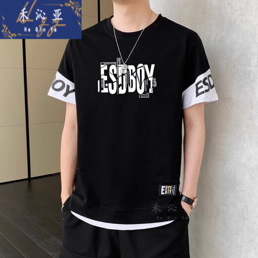 禾沁亚夏天男式假两件短袖纯棉半袖T恤男圆领半袖体恤青少年上衣服 9196黑色 M (约85-105斤可穿)
