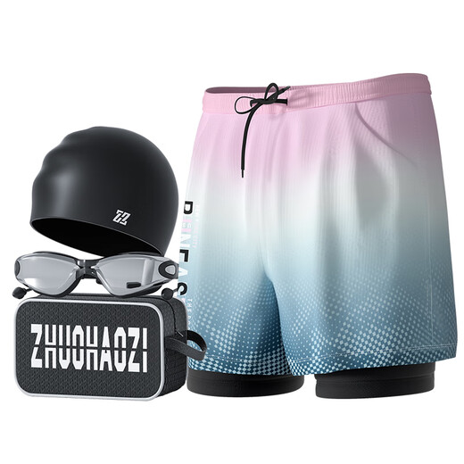 Junkiss swimming trunks, men's swimming equipment, full set of adult swimsuits, goggles, and caps, three-piece set, flat-angle double-layer hot spring suit, upgraded gradient purple, double-layer pocket style, M. Recommended weight: 80-100 Jin Jin equals 0.5 kg
