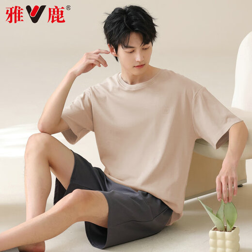 雅鹿男士睡衣男纯棉夏季薄款短袖全棉可外穿休闲大码男生家居服套装 42M13603 L 【推荐体重100-120斤】