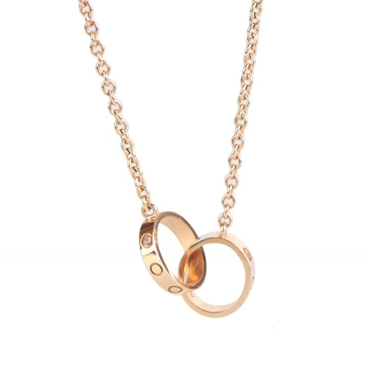 Prico version 18K gold double ring necklace with diamonds for women, rose gold platinum niche, light luxury, high-end, non-fading double ring necklace without diamonds (rose gold), eyes closed