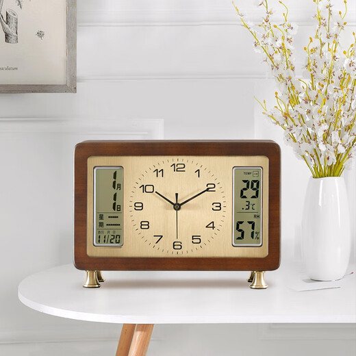 Combas solid wood desktop desk clock living room perpetual calendar temperature and humidity desk clock brass leg clock 519 (33.5*23cm)
