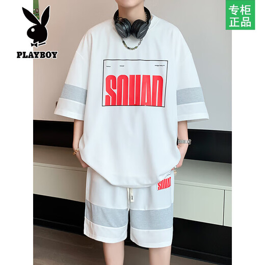 Playboy Summer Teen Suit Boys Camiseta de manga corta Marcas de moda casuales con pantalones cortos Conocimiento Americano American Set TZ6218 White XL