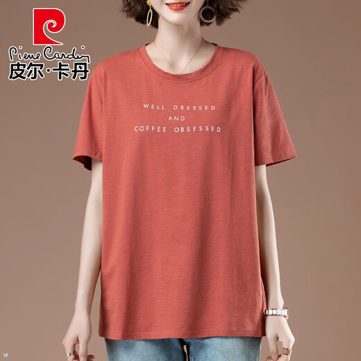 皮尔卡丹（pierre cardin）短袖T恤女妈妈装夏季薄款大码宽松休闲百搭女士字母印花遮肚上衣 桔红【9889款】棉95%氨纶5% L 100-115斤