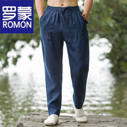 ROMON pantalones de lino pantalones casuales de lino para hombres pantalones finos de verano estilo chino para hombres pantalones sueltos de harem con los pies en rábano blanco M 100-130Jin Jin equivale a 0,5 kg