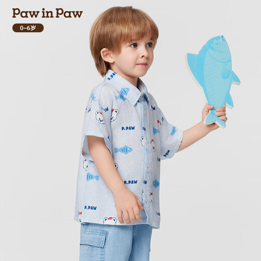PawinPaw cartoon bear children's clothing 25 spring and summer new baby boy lapel printed shirt comfortable and versatile Blue blue/50 100
