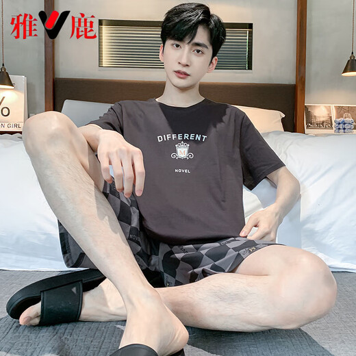 雅鹿男士睡衣男款夏季棉质短袖套头圆领加肥加大码家居服夏天薄款套装 HD9929 L 男
