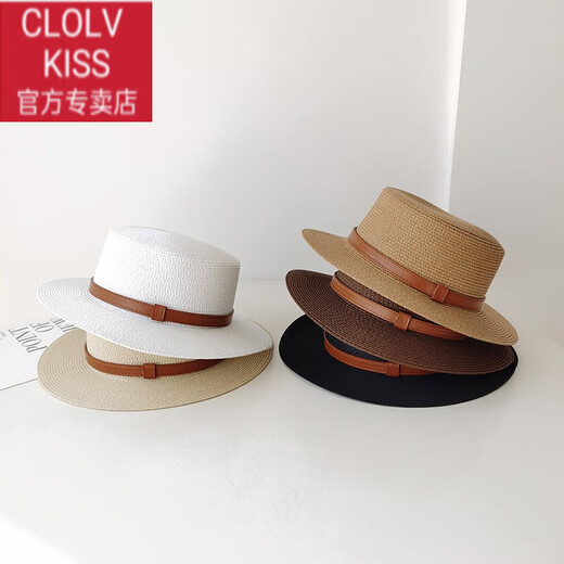 Clolv kiss2026 Französischer Flat-Top-Strohhut für Damen im Retro-Stil im britischen Stil, der das Gesicht zeigt, kleiner Sommer-Sonnenschutz, Sonnenschutz, Strand-Urlaubsstil, Hut, beige, verstellbar
