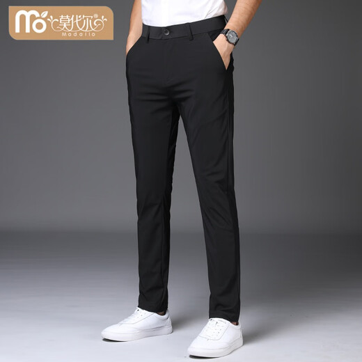 Pantalones modales Empresa para hombres Traje formal Summer Fino suelto de hielo hilo Pantalones casuales de seda casual Pantalones de traje de caída elástica de los hombres 1098 Negro [Pantalones de la corona] 28 (2 pies 1 cintura)