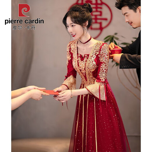皮尔卡丹敬酒服新娘2025新款夏季酒红色感中式长袖结婚订婚礼服女 酒红色中长款 【684】 L