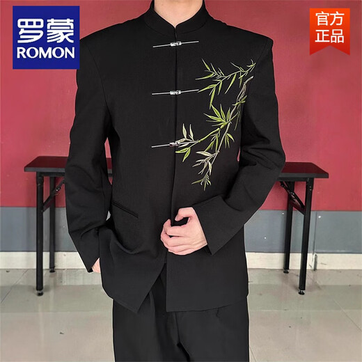 ROMON New Chinese Style Green Bamboo Embroidery Shoulder Pads Button Suit Jacket Fashionable Men's Tunic Suit Stand Collar Tang Suit Small Suit Black Green XL