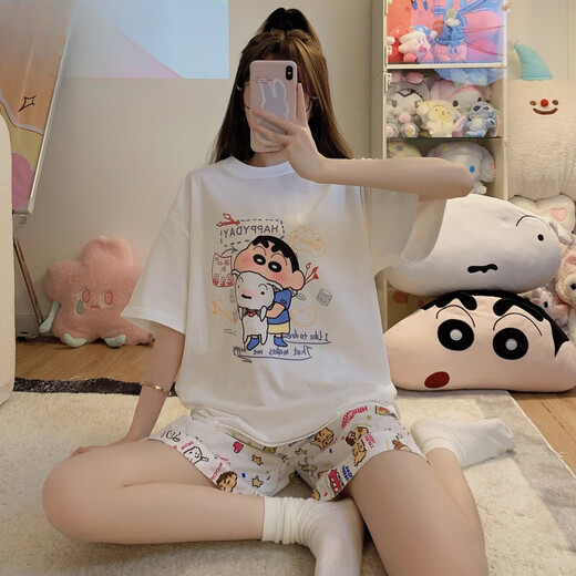 Victoria's style Victoria's Secret series Crayon Shin-chan pajamas for women summer short-sleeved new three-piece set Korean ins cartoon student home (three-piece set) A9901# L (recommended 101-115 Jin Jin equals 0.5 kg)