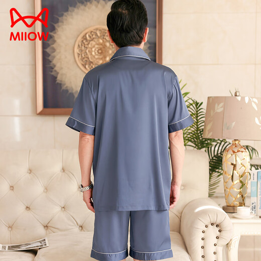 猫人（MiiOW）夏季睡衣男士2025新款冰绸缎短袖薄款夏天中老年人爸爸家居服套装 (BBA)冰丝男G866 M (建议身高170左右-体重100-12