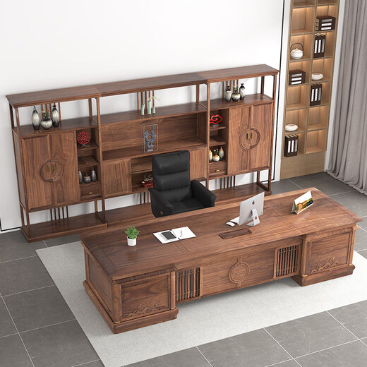HEGRISEN new Chinese style solid wood executive desk boss desk ash wood bookcase combination president chairman office high-end furniture 180 tables + 180 cabinets + free boss chair