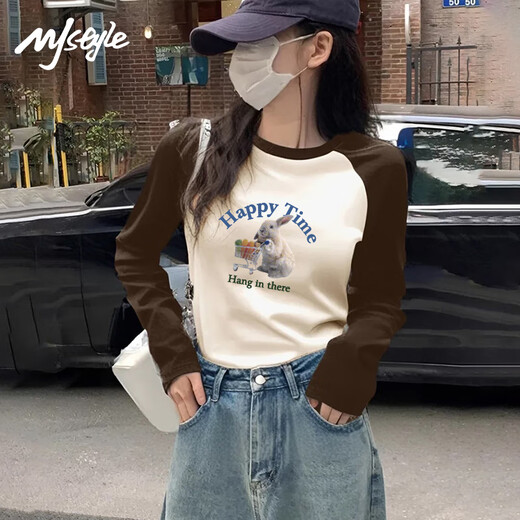 MJ STYLE slim contrast color long-sleeved T-shirt for women 2026 spring and autumn new tight-fitting splicing design skin-friendly bottoming shirt with inner top