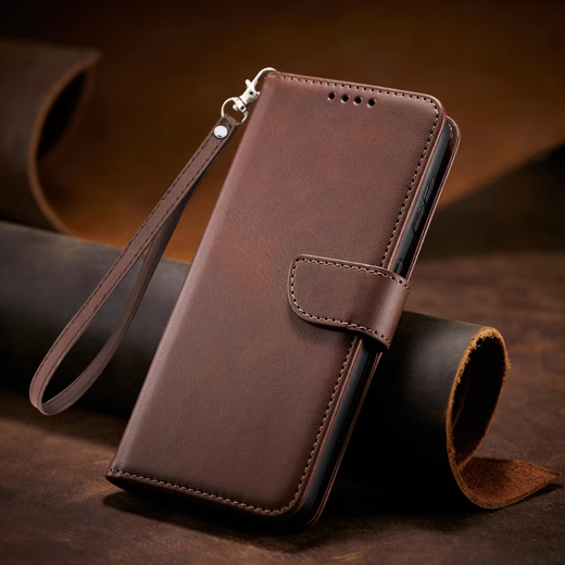 Shiqifan is suitable for Samsung A06 mobile phone case, clamshell protective cover, wallet type insertable card holder, anti-fall, wear-resistant, front and rear all-inclusive leather case, brown + same style leather cord, Samsung A06