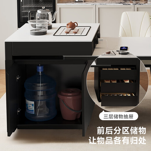 Fengzhiyi solid wood island dining table integrated multi-functional medieval style retractable dining table living room kitchen high-end central guide table LJ-633 retractable island (including cabinet) + horn chair * 4 1.6m (slide rail socket + double hole tea stove)