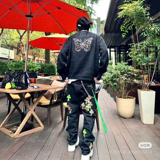 Crowxin offizieller 2025 Trendy Brand Cross Stickerei High Street Amerikanische vielseitige Männer und Frauen lose Jeanshosen gerade Hosen 9928 Black 9928 Black S