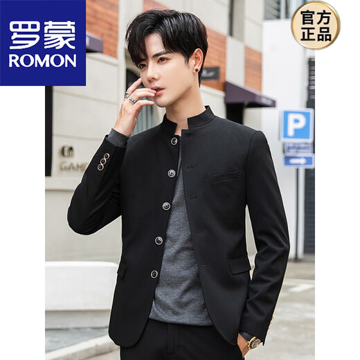ROMON Chinese stand collar Chinese tunic suit for young men, trendy slim jacket, wedding new Chinese style men's casual gray suit, pants size 28-38, self-made 2XL 54 suitable for 130-140 Jin Jin equals 0.5 kg