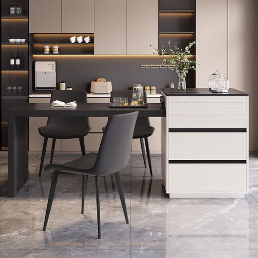 Yijun solid wood island dining table and chairs integrated 2025 new home modern high-end retractable rectangular dining table double-door island table-tea stove type + 4 plush chairs 1.4 meters slide rail socket