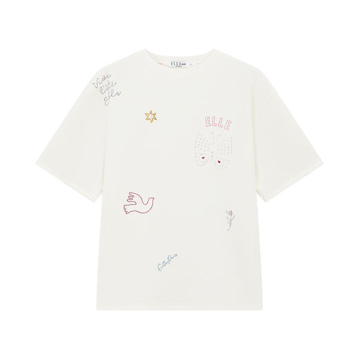 ELLE KIDS children's clothing 80S liquid ammonia hot diamond short-sleeved T-shirt girls summer new casual holiday loose top white 130