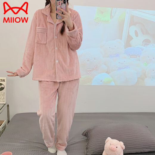 猫人（MiiOW）珊瑚绒睡衣女2024年春秋冬季新款大码开衫加厚法兰绒家居服套装女 9901 XL建议115-130斤穿
