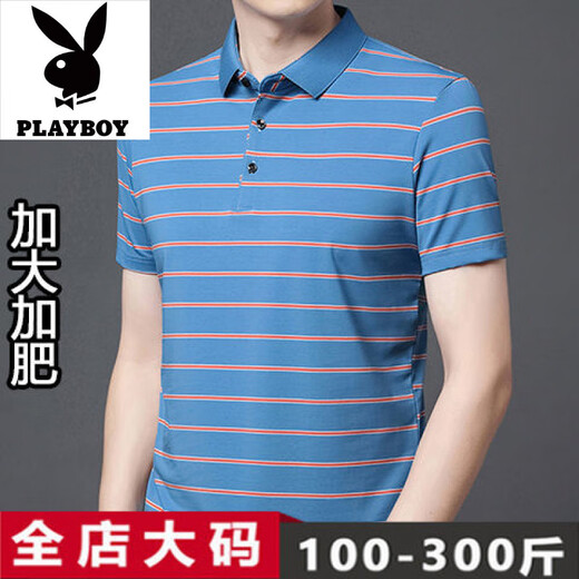 花花公子高端品牌纯棉短袖T恤男装夏季加肥加大肥佬条纹百搭商务POIO衫 1695蓝色 M 165码建议100-120斤