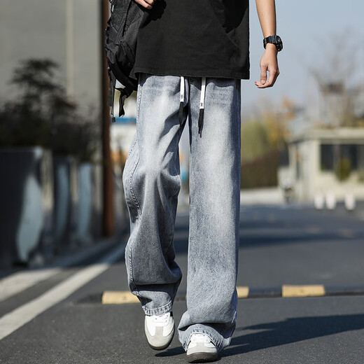 龙桃子直筒牛仔裤男夏季舒适透气美式休闲裤子男潮牌青少年宽松阔腿长裤 K897浅蓝 M 约110~130斤可穿