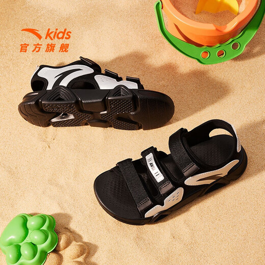 ANTA Children's Sandals Men's Beach Shoes 2025 Summer New Breathable Open Toe Comfortable Arch Sandals Men's Black/Silver 6962I-8 38