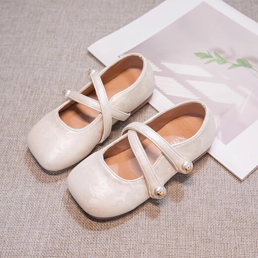 Ershanji Girls' Hanfu Shoes Children's Horse Face Skirt Single Shoes Spring and Summer Soft Soled National Style Shoes Small Leather Shoes Ancient Style Children's Shoes Embroidered Shoes National Style Small Leather Shoes Beige Size 34 Inner Length 20.8cm