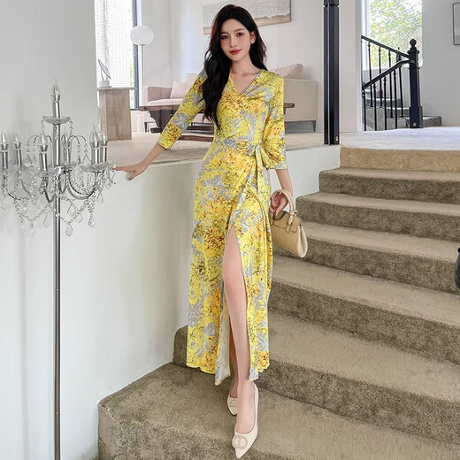 飘朵芸长款一片式气质旅游度假沙滩裙女夏法式深V领性感开叉碎花连衣裙 紫色花 3291# S 80-90斤左右