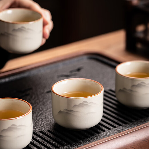 Porcelain brand tea set, ink and wash Guanshan tea set, complete set of Ru kiln teapot and tureen, kung fu tea set, gift box for home use, ink and wash Guanshan teapot and tureen, 8 cups, 13 pieces + tea tray